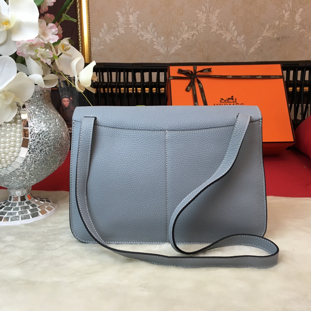 Hermes Halzan 31 Handbag Shoulder Bag In Blue Lin Clemence Leather